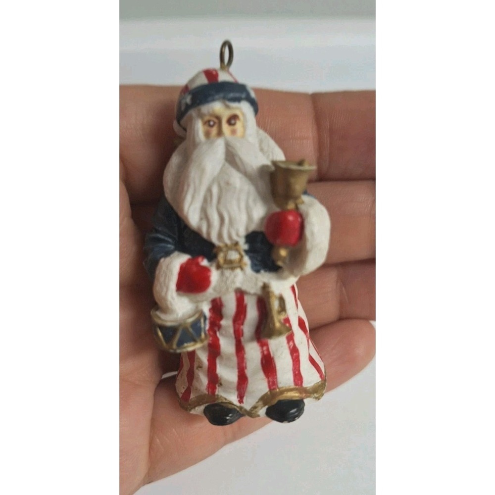 Vintage Patriotic Santa Claus Christmas Ornament Drum Bell Americana Red White B